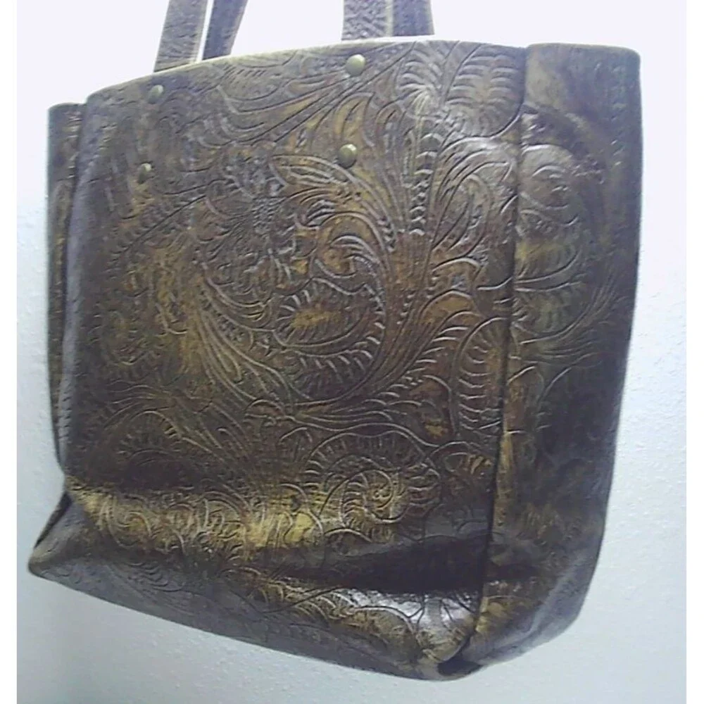 Vtg Handcrafted Embossed Tooled Leather Tote Bag Brown 10x5x10